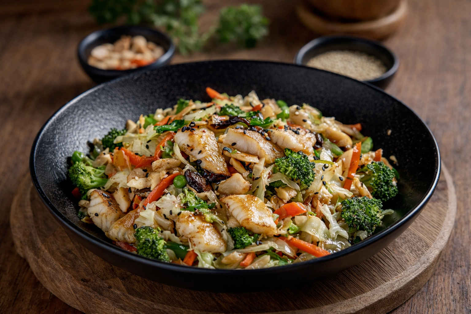 Asiatische Gemüse-Fischpfanne mit Ingwer und Steinpilzen