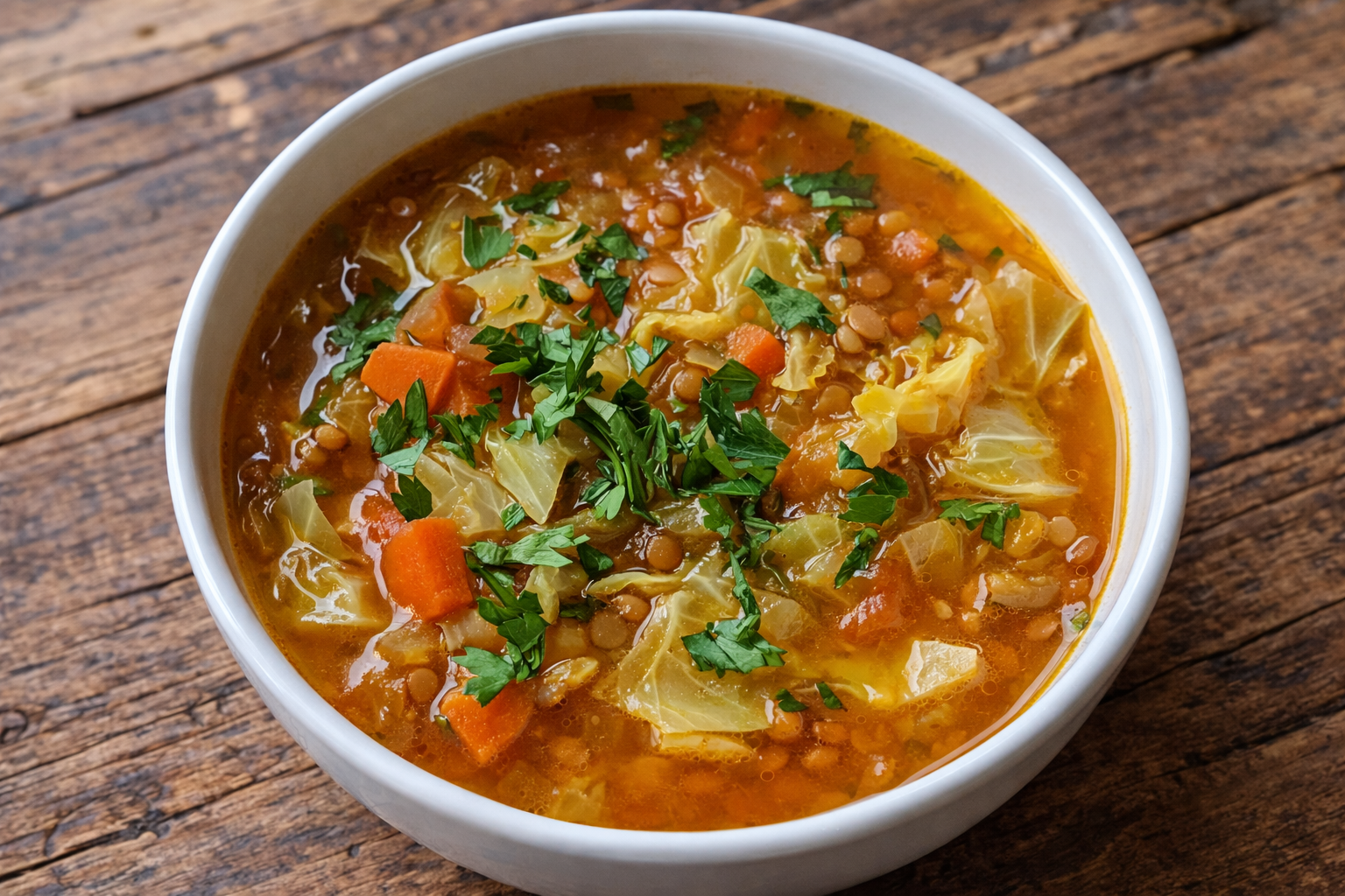 Würzige Kohlsuppe mit Linsen