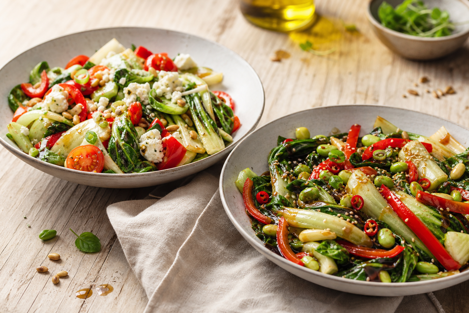 Lauwarmer Pak-Choi-Salat: mediterran & asiatisch