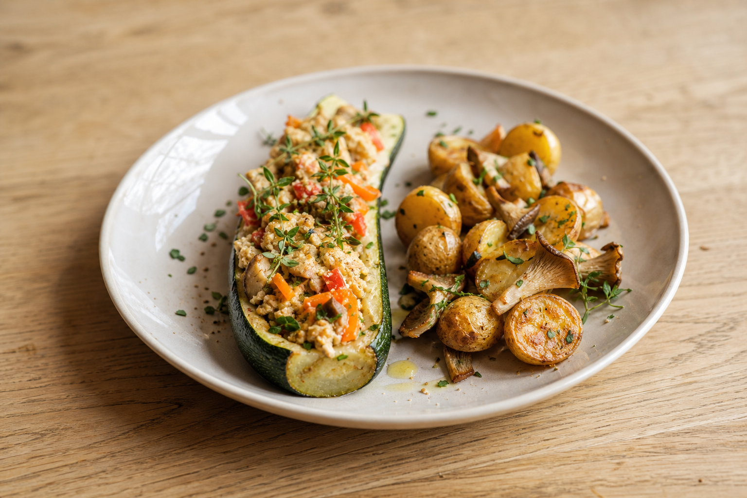 Ofenzucchini mit Seidentofu-Füllung und Kartoffeln