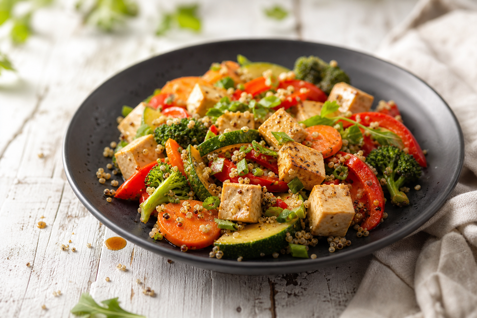 Eiweissreiche Gemüsepfanne mit Räuchertofu und Quinoa