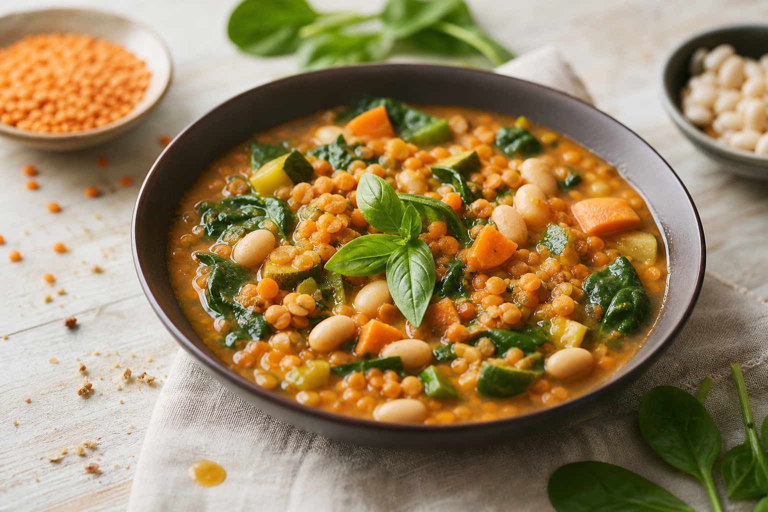 Nährende Linsen-Bohnen-Gemüsesuppe