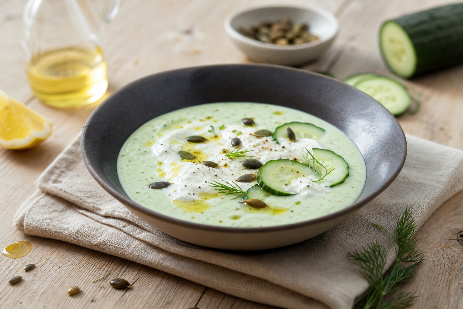 Kühle Gurken-Mandel-Suppe mit Magerquark